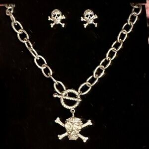 Silver Tone Large Link Skull Necklace and Earring Set
